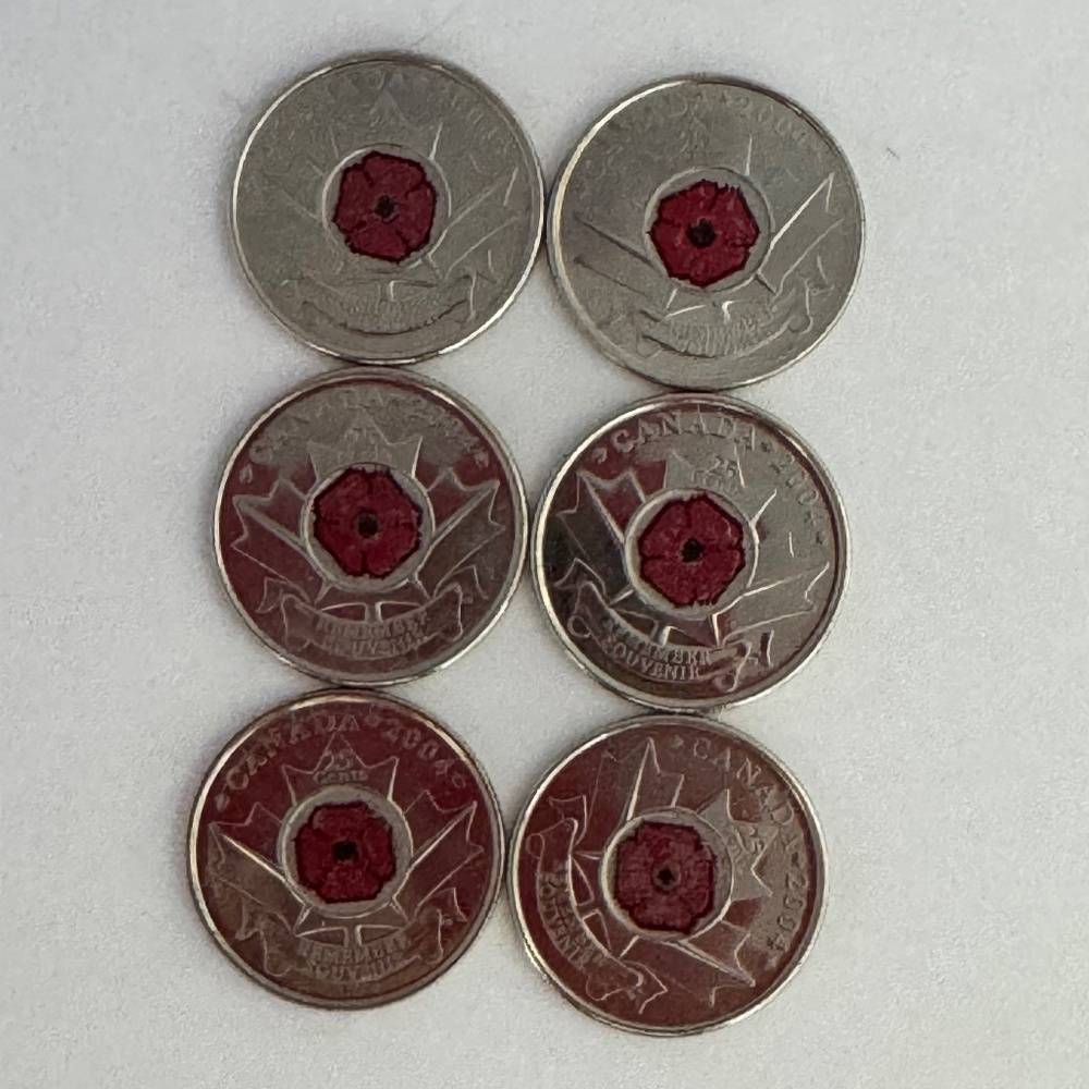 Six 2004-P Canadian 25-Cent Remembrance Poppy Coloured Quarter Coin